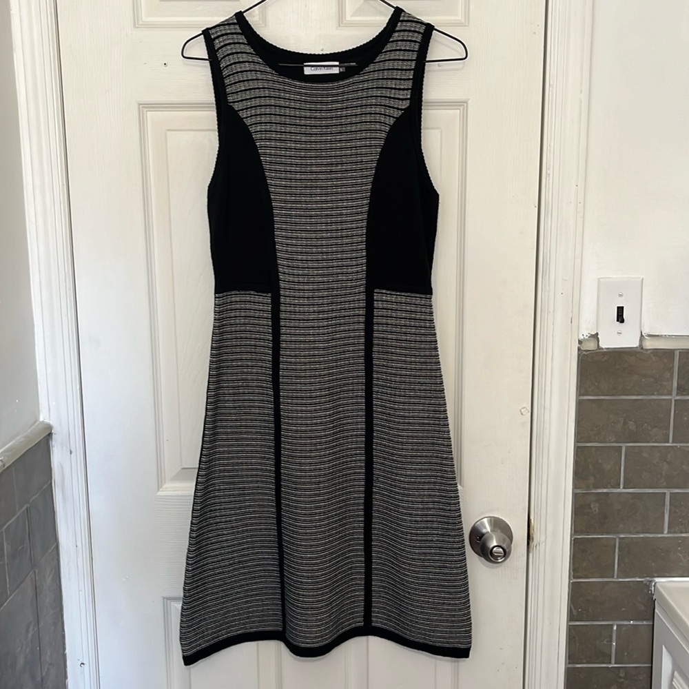 Women’s Calvin Klein size small black and white sleeveless dress.